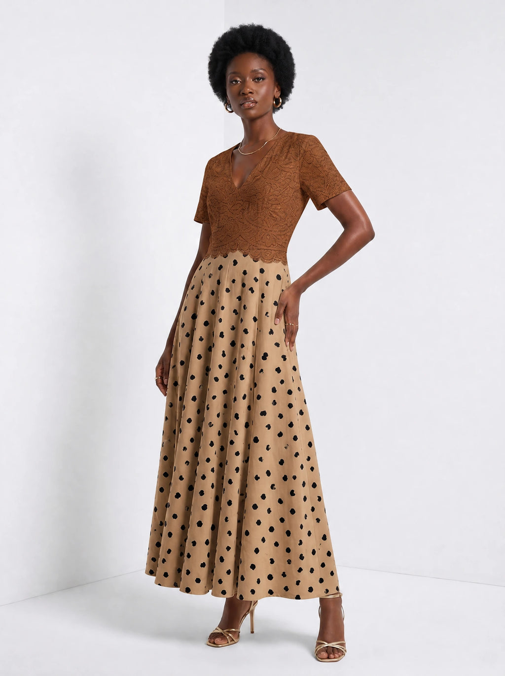 "Kahawa" Short Sleeve Maxi Dress — walking, three-quarter view on model