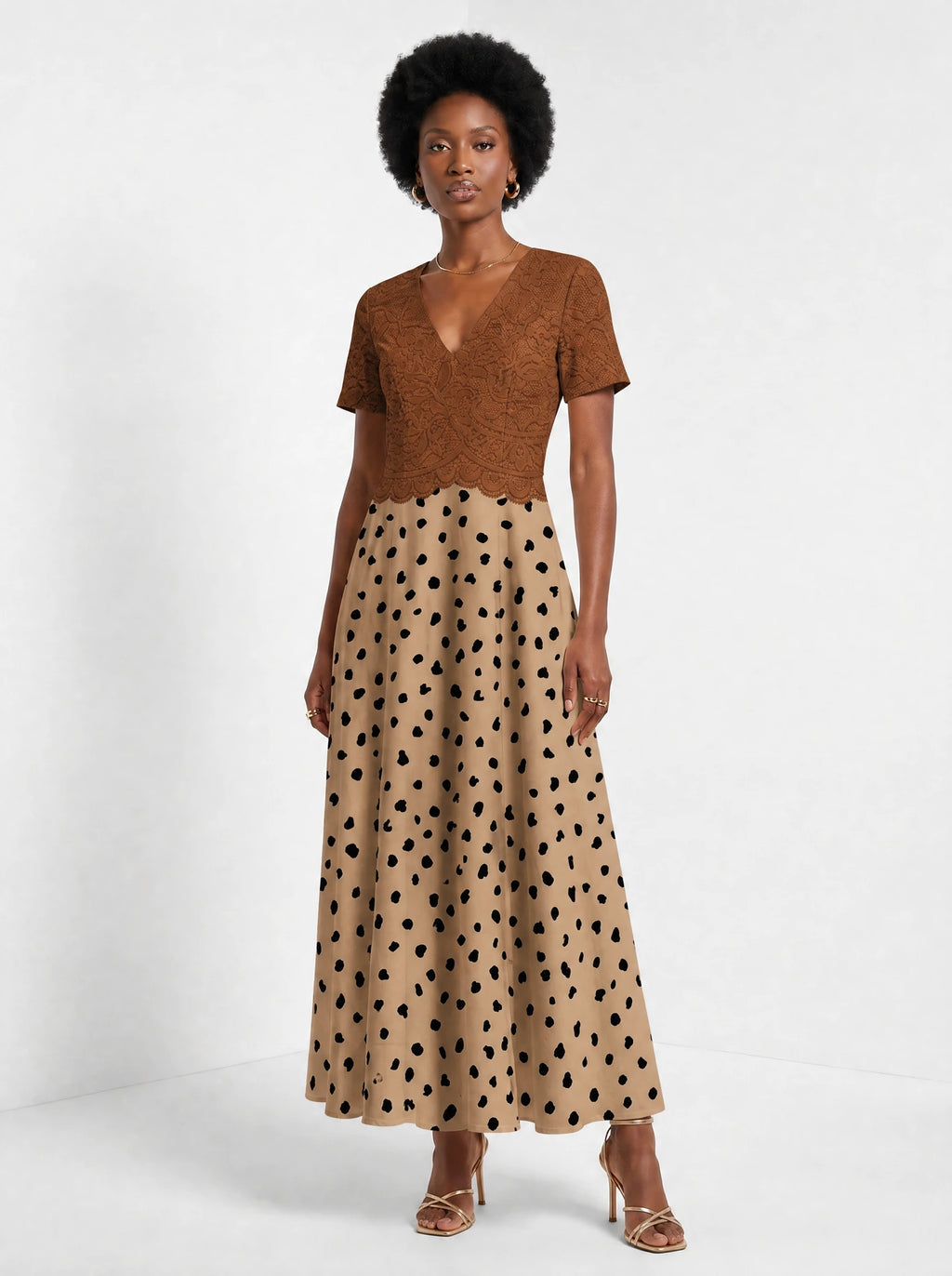 "Kahawa" Short Sleeve Maxi Dress — three-quarter view on model