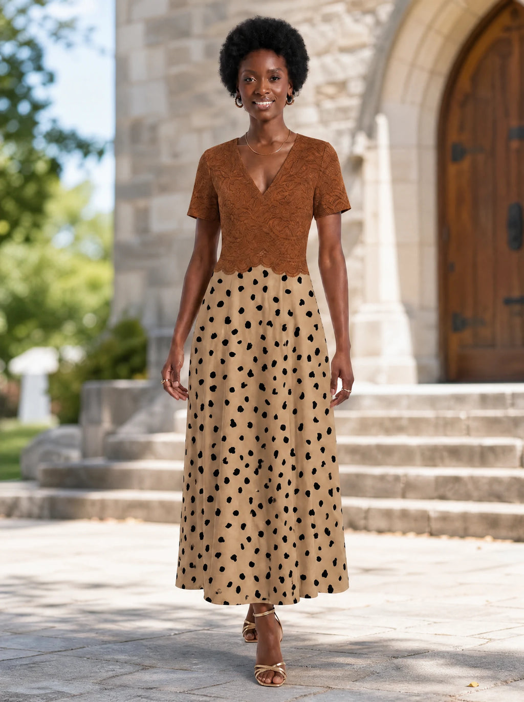 "Kahawa" Short Sleeve Maxi Dress — front view on model in the churchyard