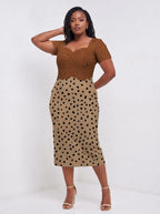 "Kahawa" Sweetheart Midi Dress — walking, three-quarter view on model