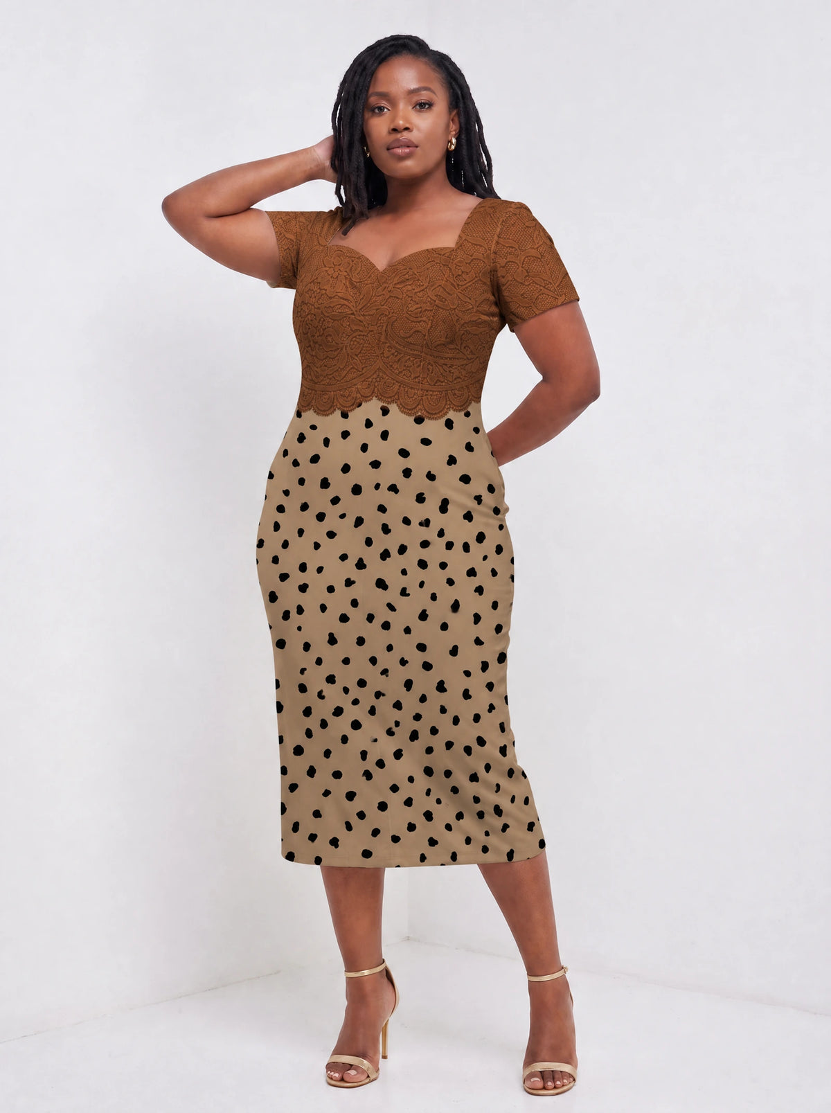 "Kahawa" Sweetheart Midi Dress — walking, three-quarter view on model