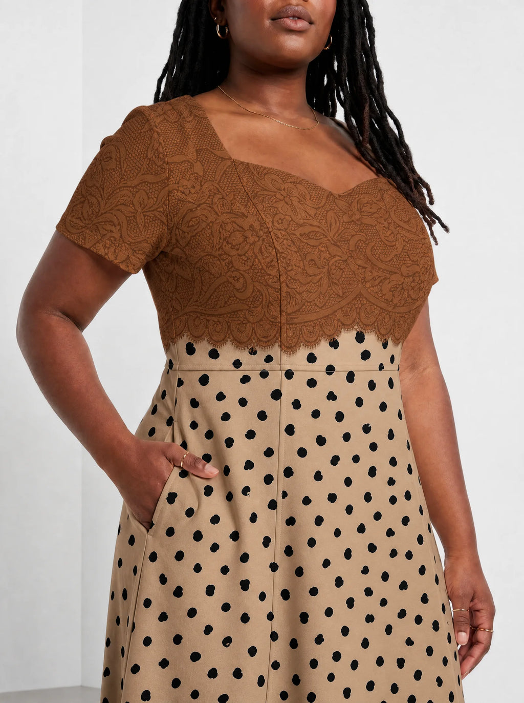 "Kahawa" Sweetheart Midi Dress — standing, angled view on model
