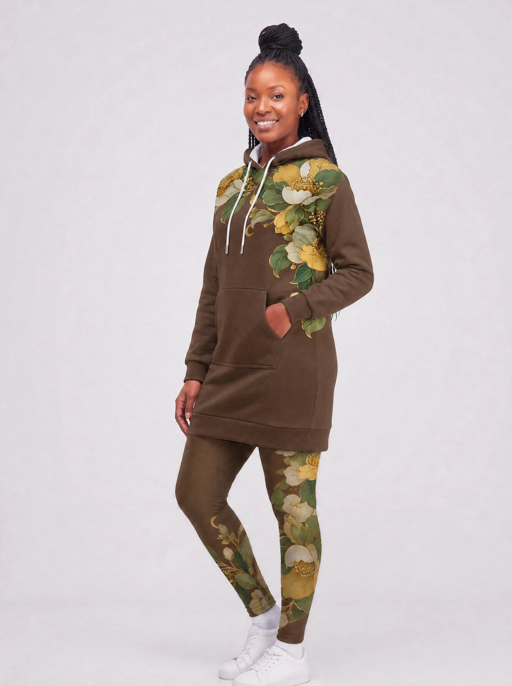 "Kakao" Hoodie Dress — three-quarter view on model, hand in pocket, styled with the matching leggings