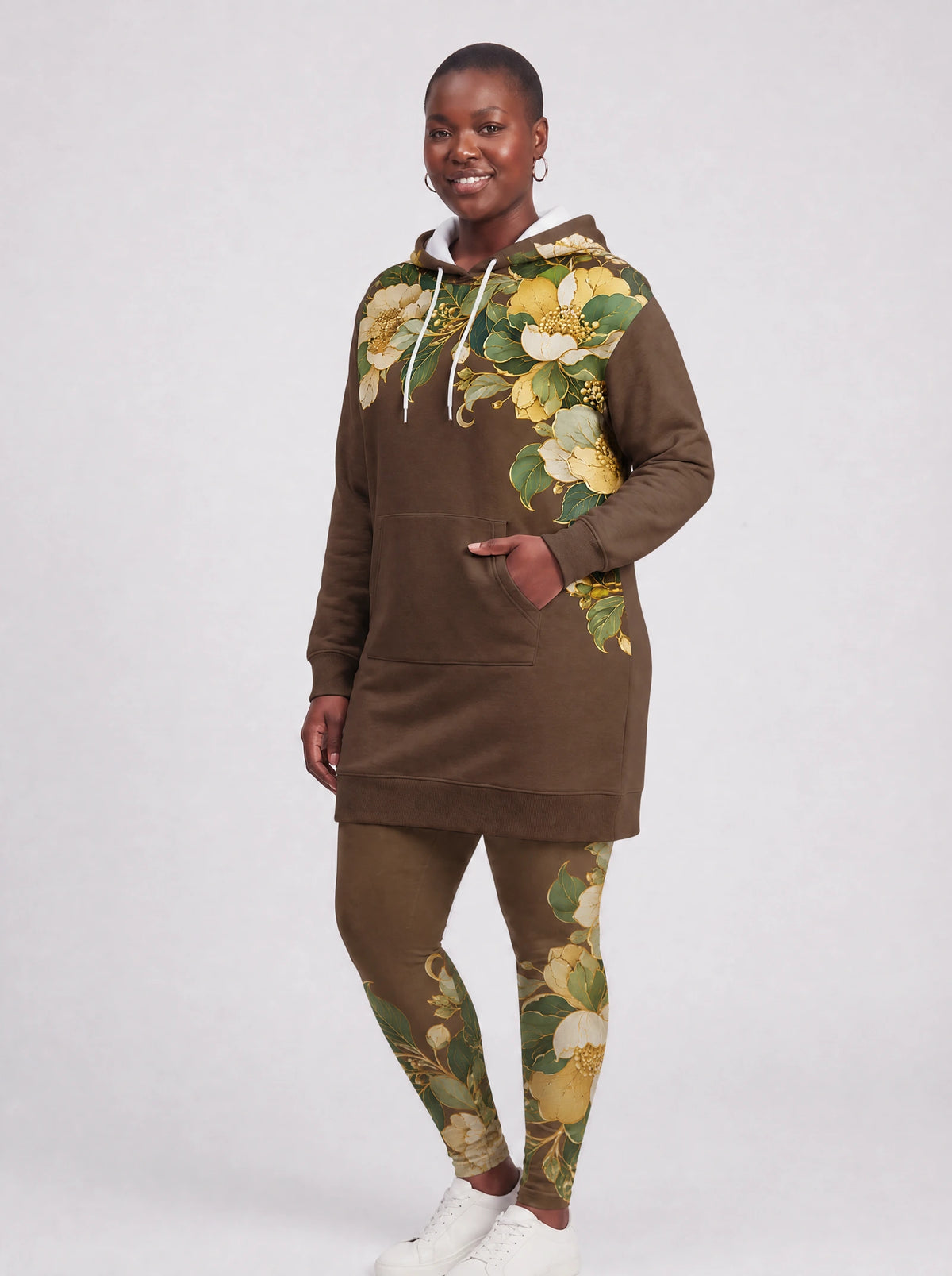 "Kakao" Hoodie Dress — three-quarter view on model, hand in pocket, styled with the matching leggings