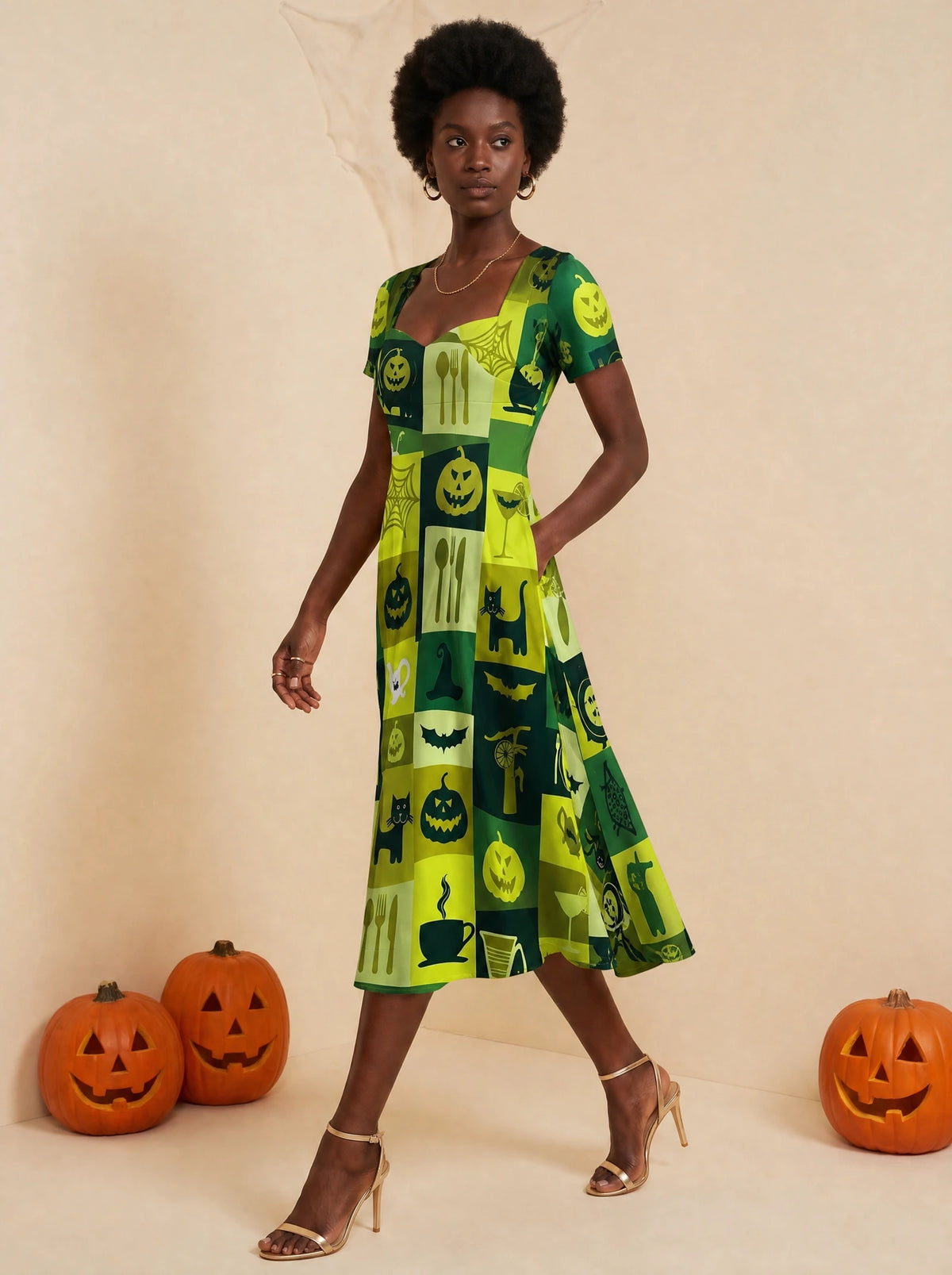 "Karamu" Halloween Sweetheart Midi Dress — three-quarter view on model