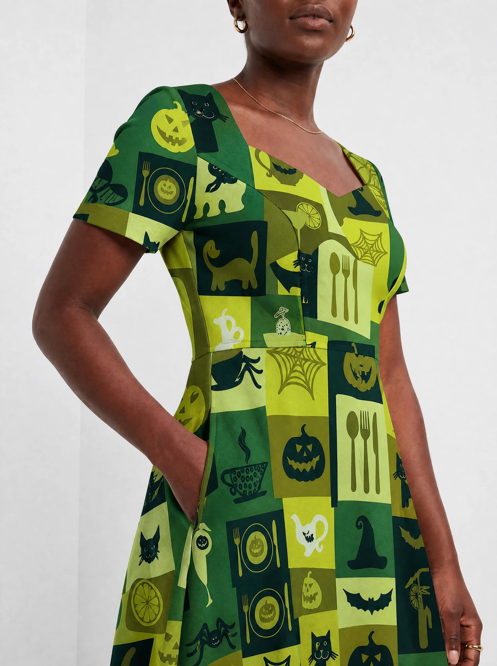 "Karamu" Halloween Sweetheart Midi Dress — close-up of the bodice and the in-seam side pocket