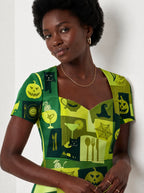 "Karamu" Halloween Sweetheart Midi Dress — close-up of the sweetheart neckline and short sleeve