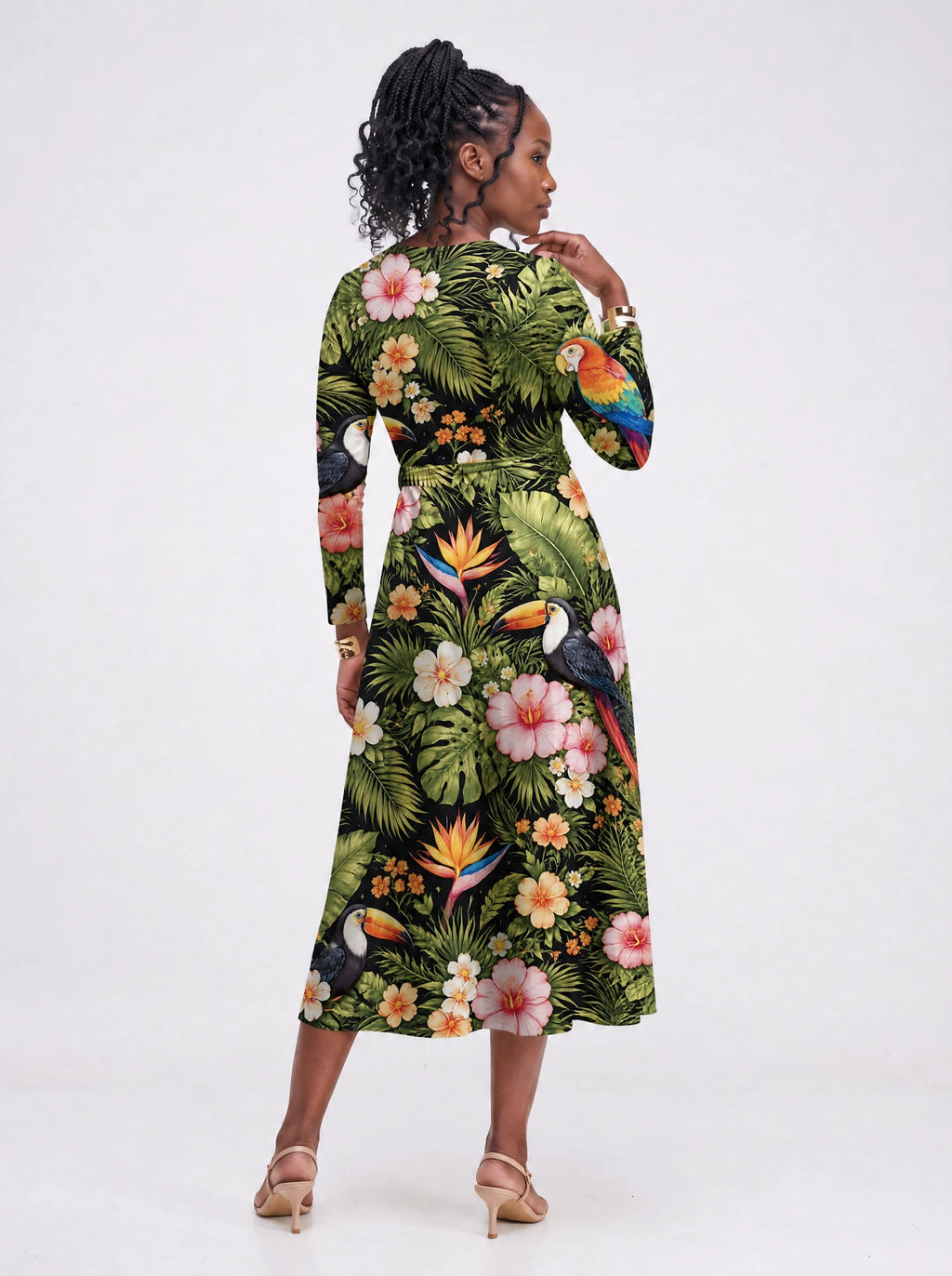 "Kasuku" Long Sleeve Midaxi Dress — back view on model