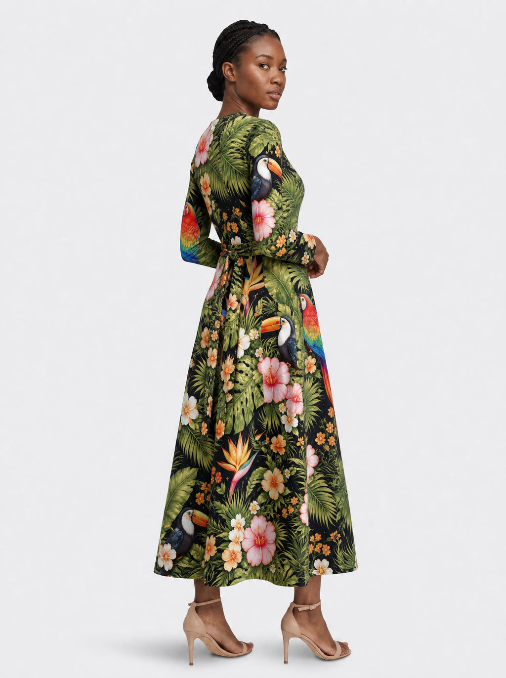 "Kasuku" Long Sleeve Midaxi Dress — three-quarter view on model, hand in the side pocket