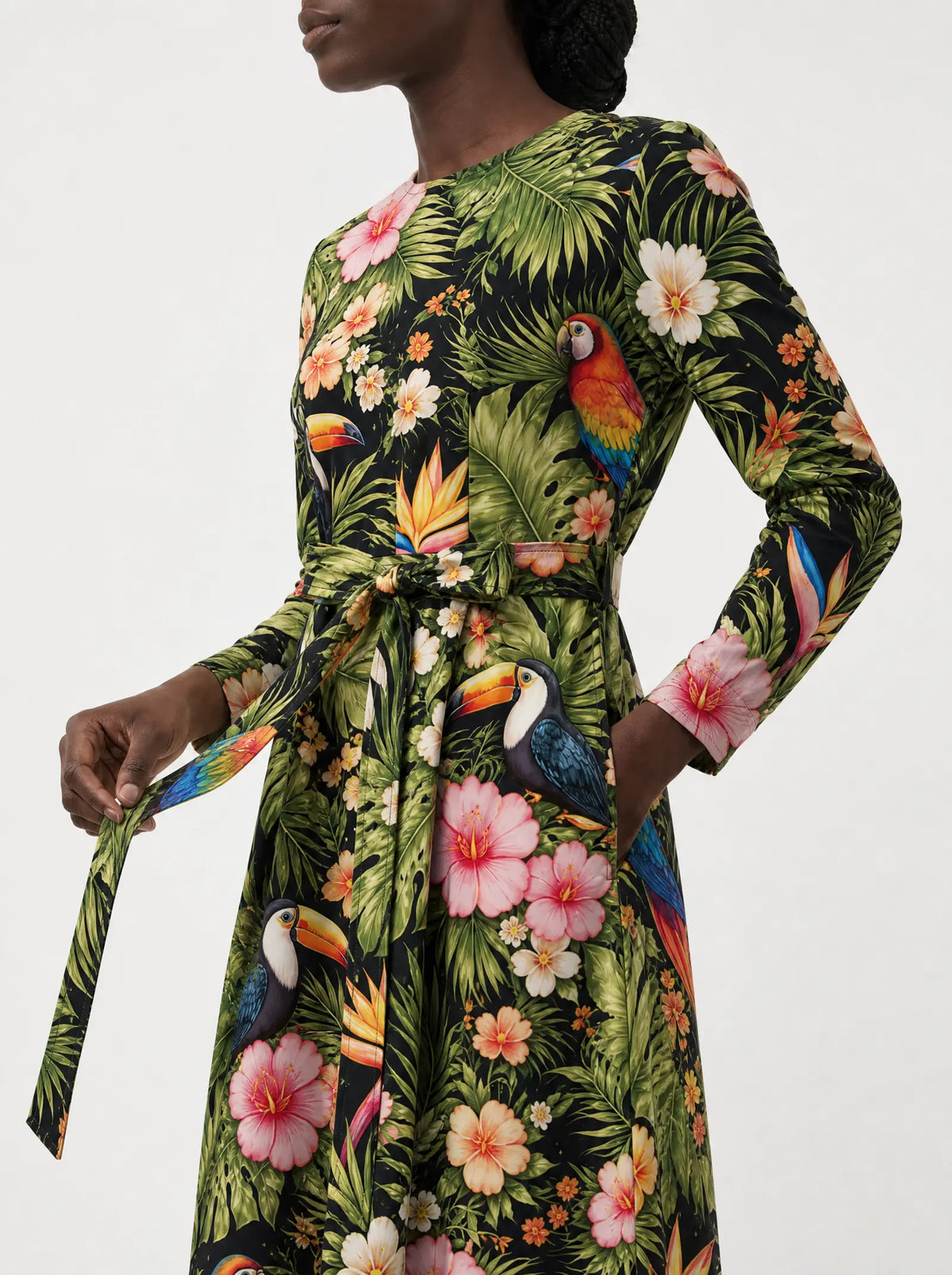 "Kasuku" Long Sleeve Midaxi Dress — close-up of the tie sash and the in-seam side pocket