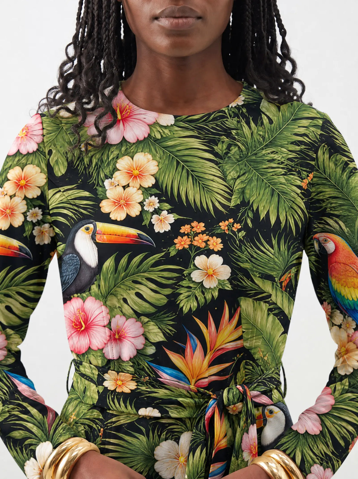 "Kasuku" Long Sleeve Midaxi Dress — close-up of the round neckline and long sleeve