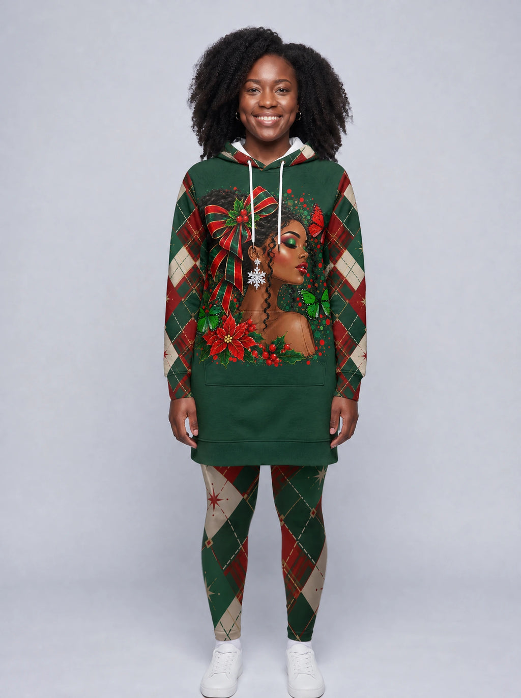 "Kengele" Christmas Hoodie Dress — front view on model, styled with the matching leggings