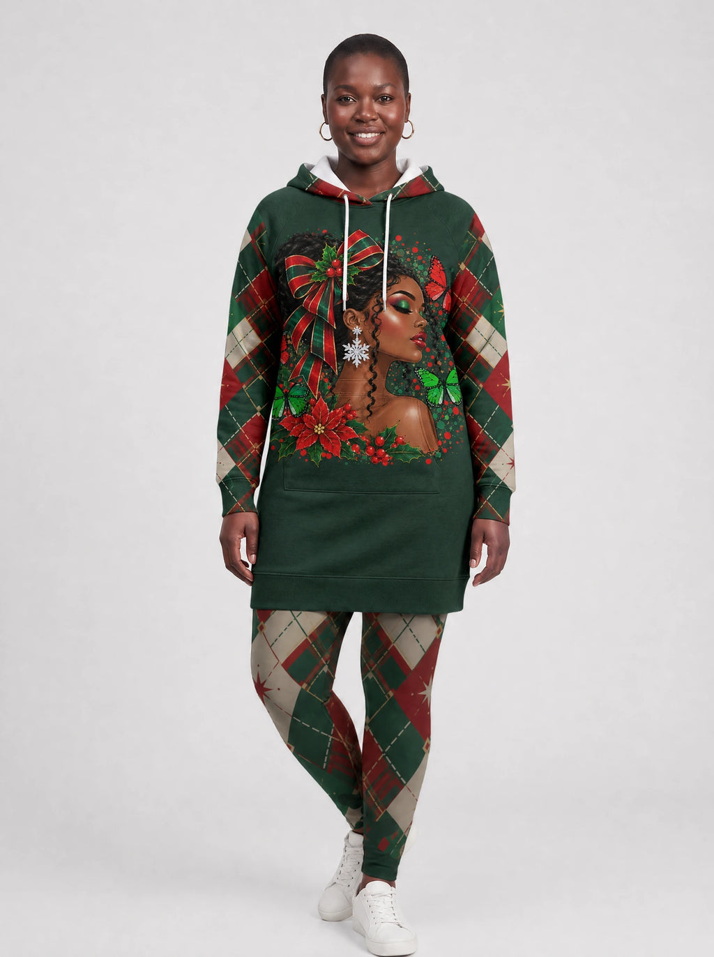 "Kengele" Christmas Hoodie Dress — front view on model, styled with the matching leggings