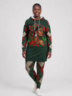 "Kengele" Christmas Hoodie Dress — front view on model, styled with the matching leggings
