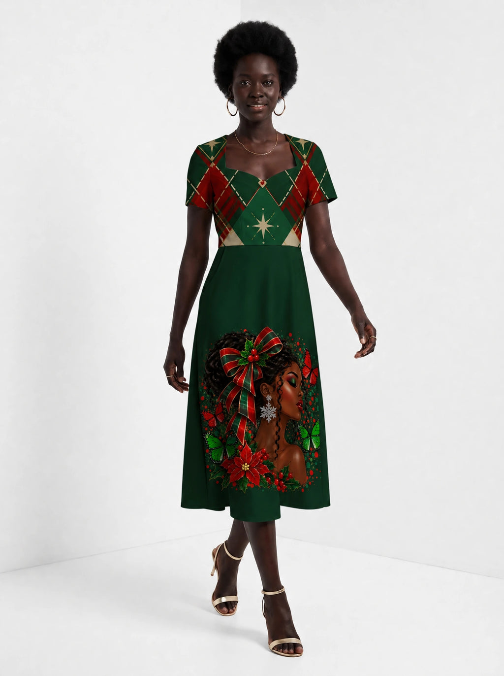 "Kengele" Christmas Sweetheart Midi Dress — front view on model