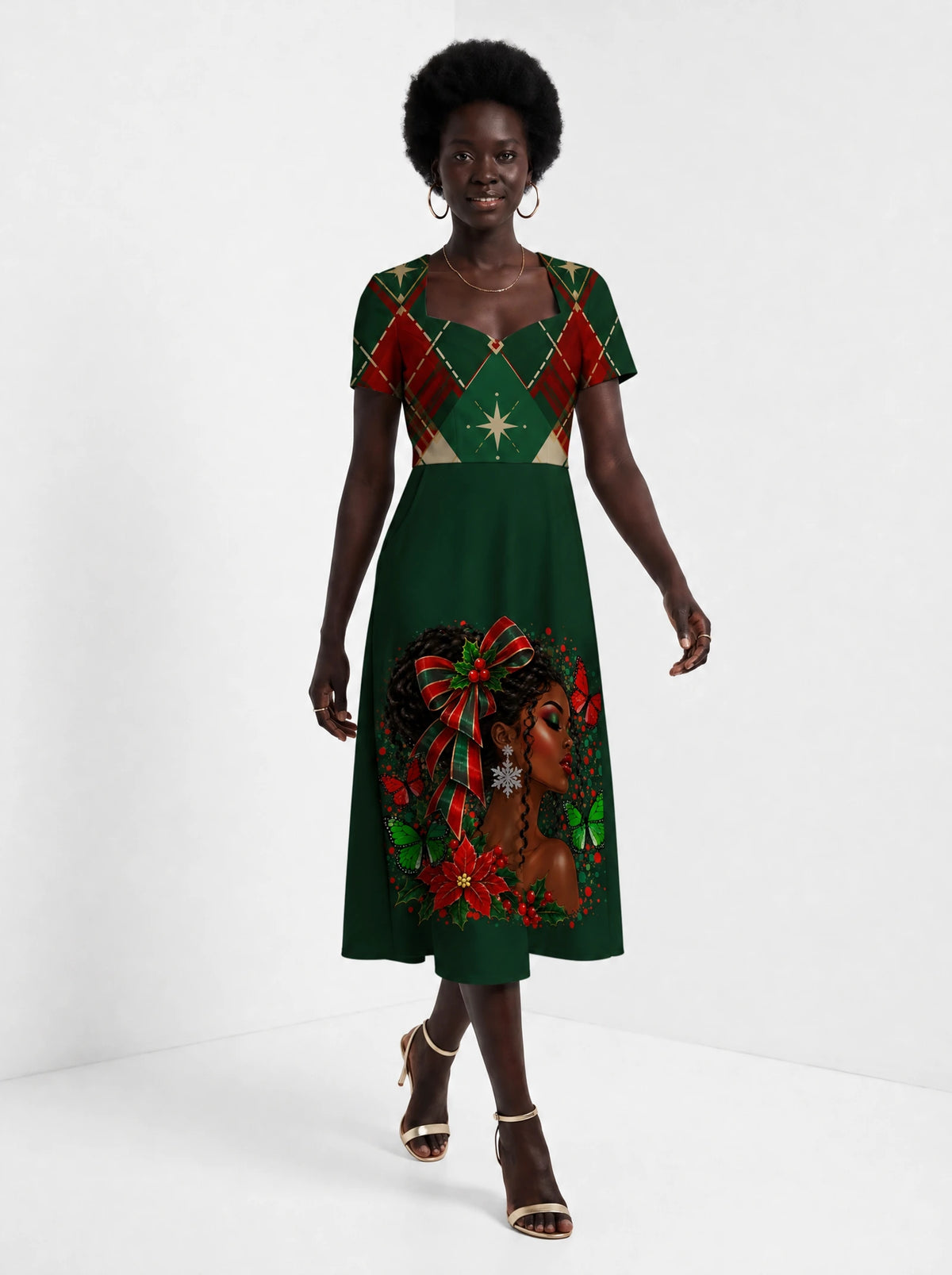 "Kengele" Christmas Sweetheart Midi Dress — front view on model