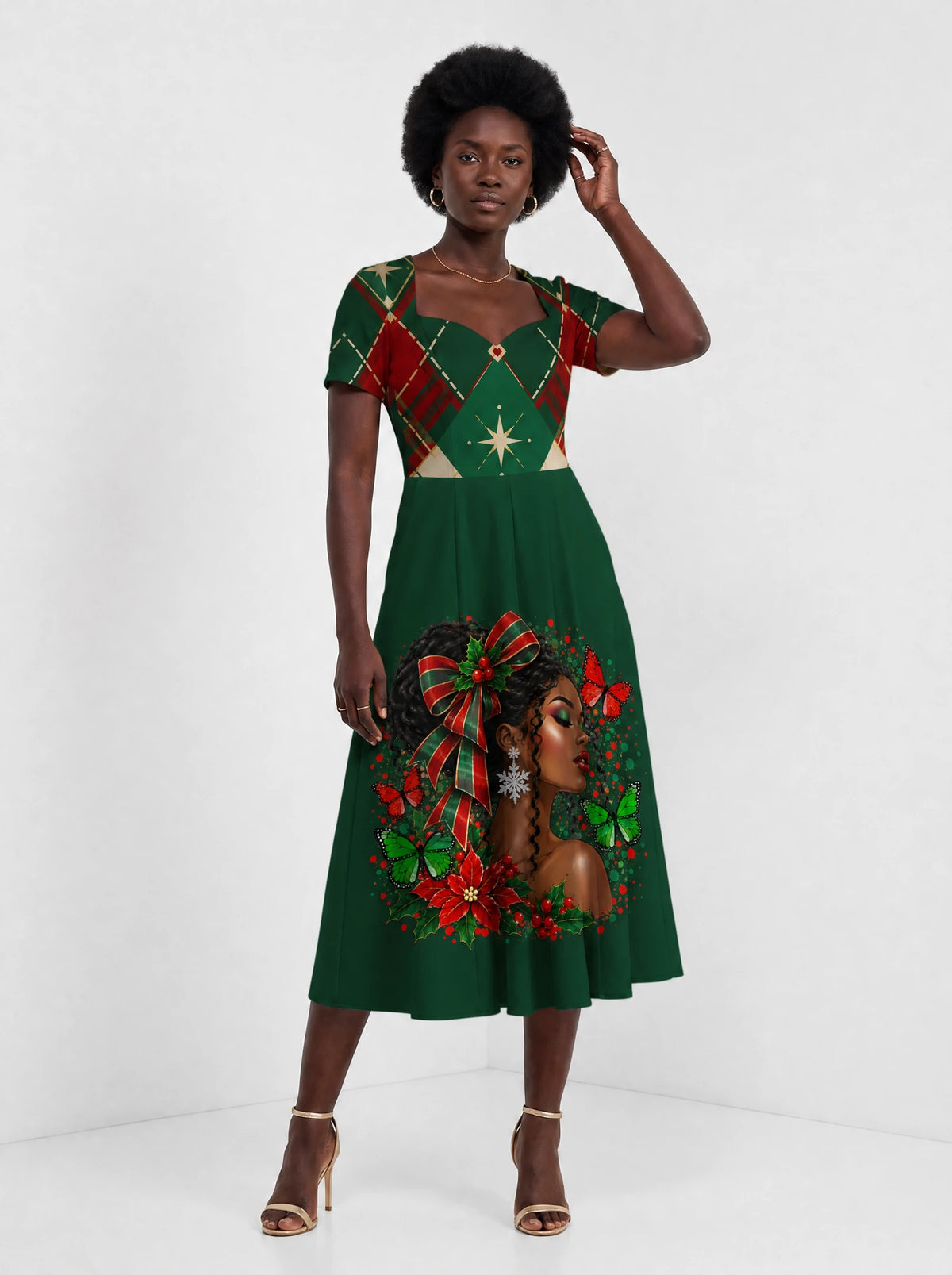 "Kengele" Christmas Sweetheart Midi Dress — styled on model