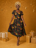 "Kinara" Sweetheart Midi Dress — on model, Christmas backdrop