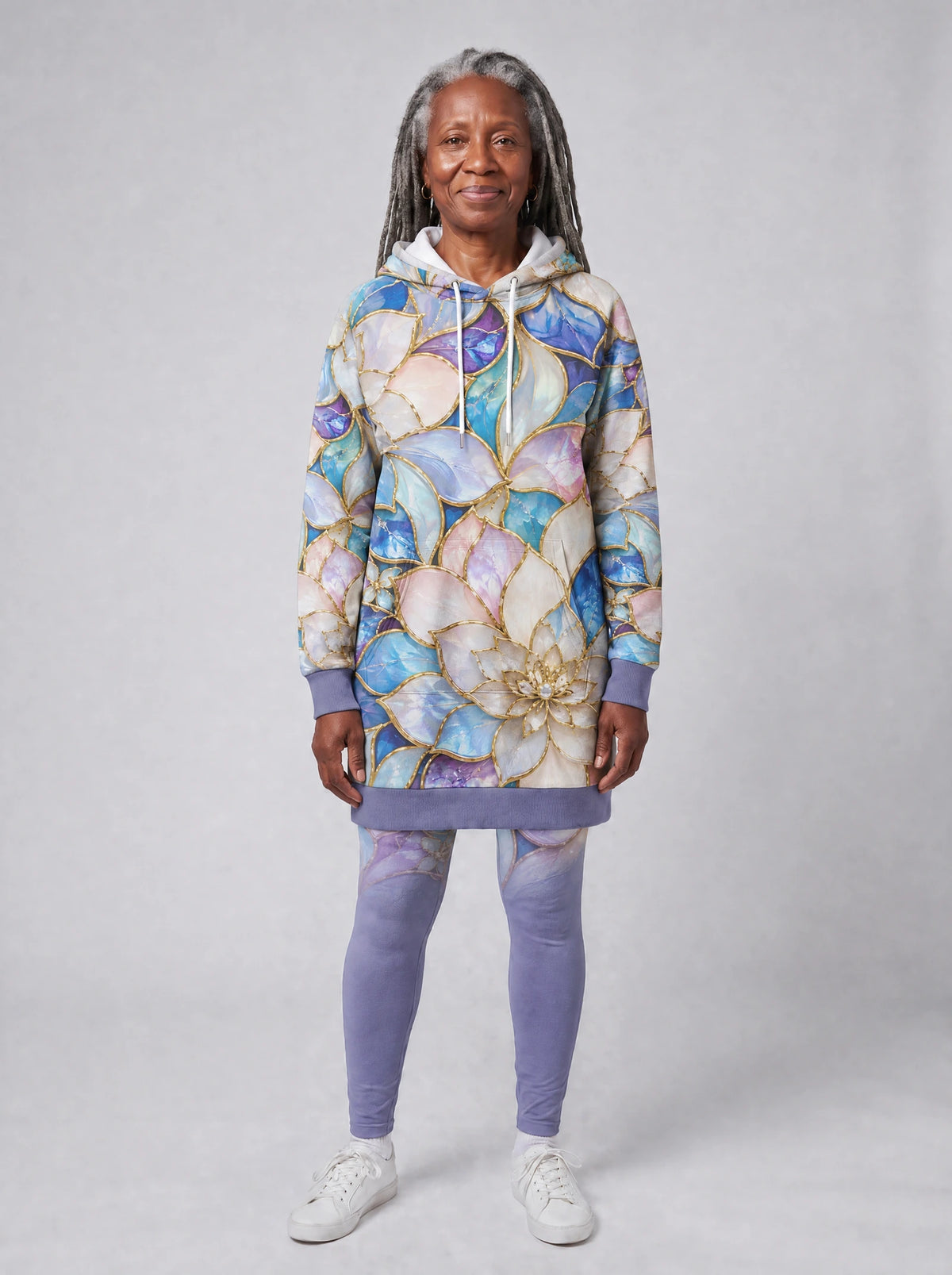 "Kioo" Hoodie Dress — front view on model, styled with the matching leggings