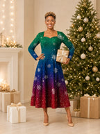 "Kipaji" Long Sleeve Sweetheart Midi Dress — on model, Christmas backdrop
