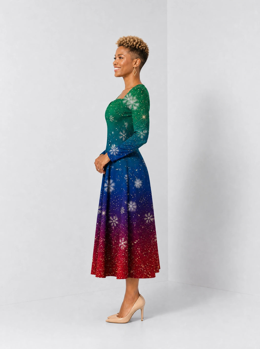 "Kipaji" Long Sleeve Sweetheart Midi Dress — side view on model