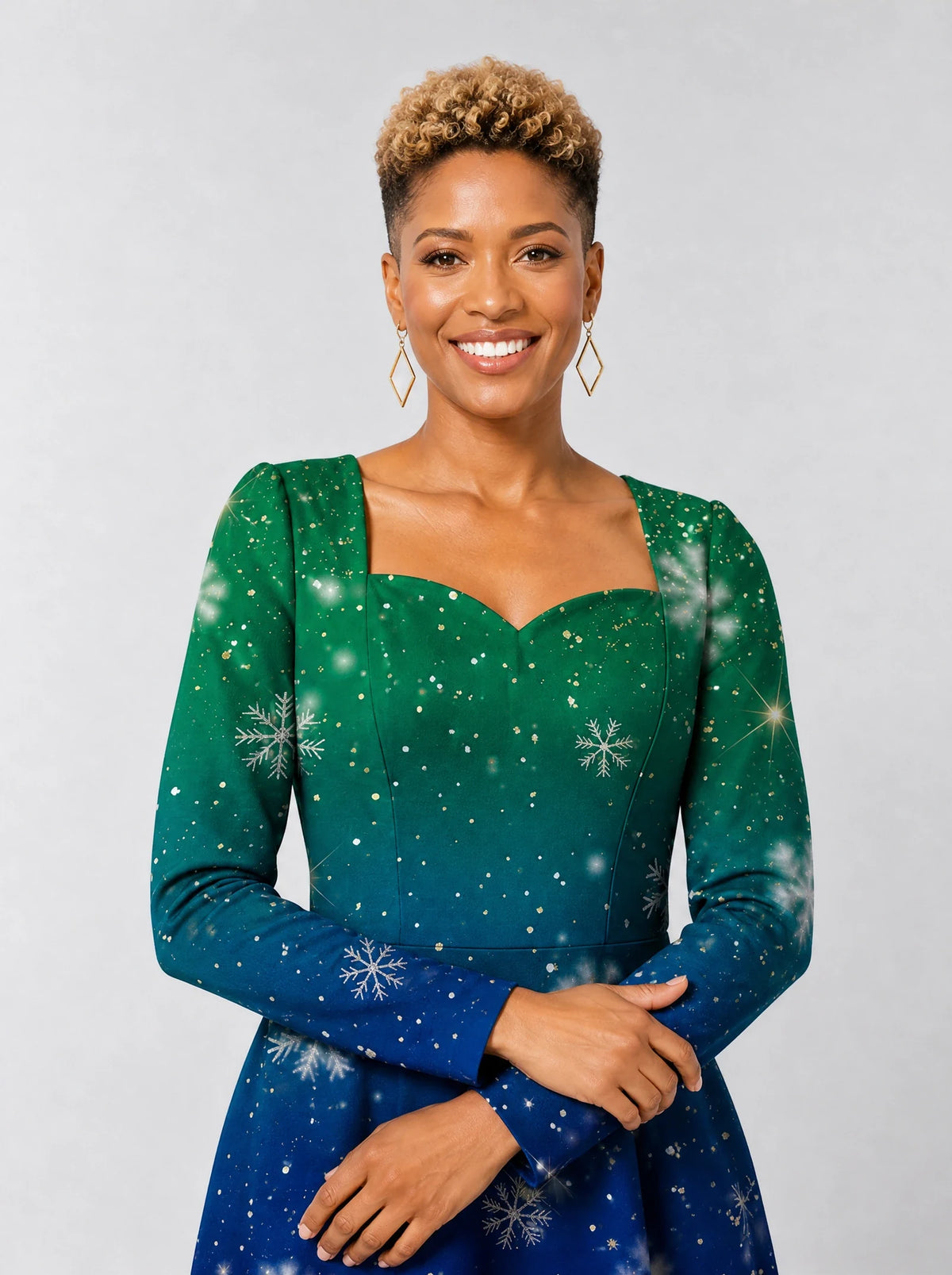 "Kipaji" Long Sleeve Sweetheart Midi Dress — print close-up on model