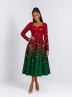 "Kipaji" Ruby Long Sleeve Sweetheart Midi Dress — front view on model