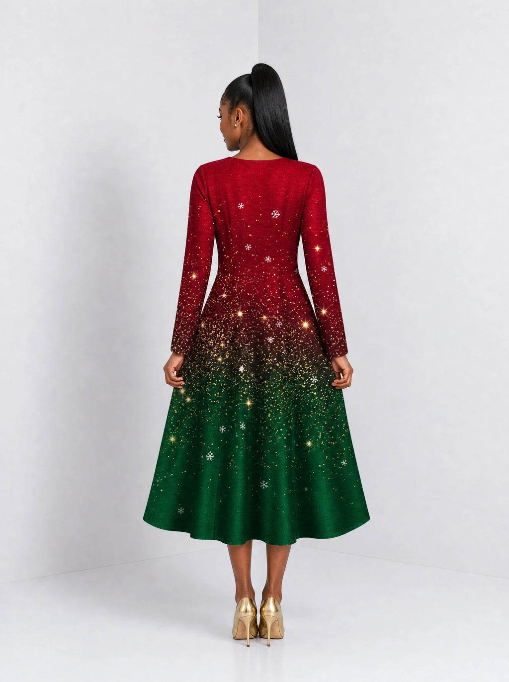 "Kipaji" Ruby Long Sleeve Sweetheart Midi Dress — back view on model