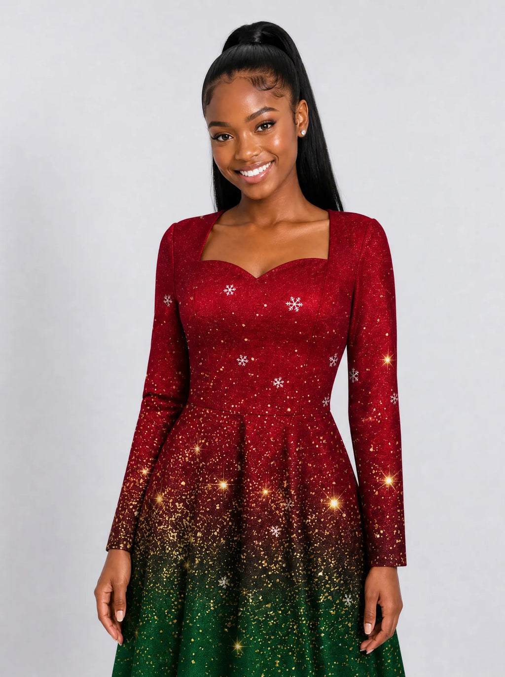 "Kipaji" Ruby Long Sleeve Sweetheart Midi Dress — print close-up on model