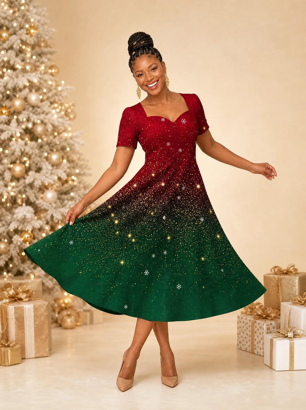 "Kipaji" Ruby Sweetheart Midi Dress — on model, Christmas backdrop