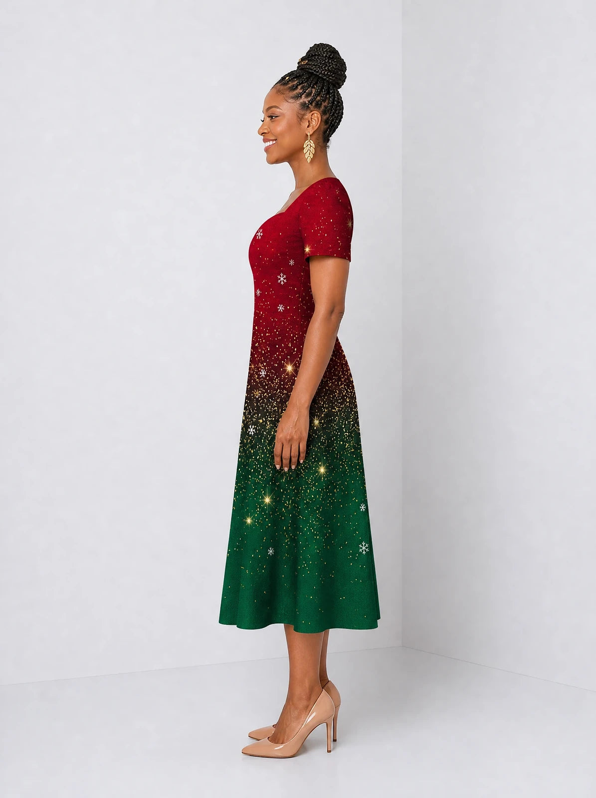 "Kipaji" Ruby Sweetheart Midi Dress — side view on model