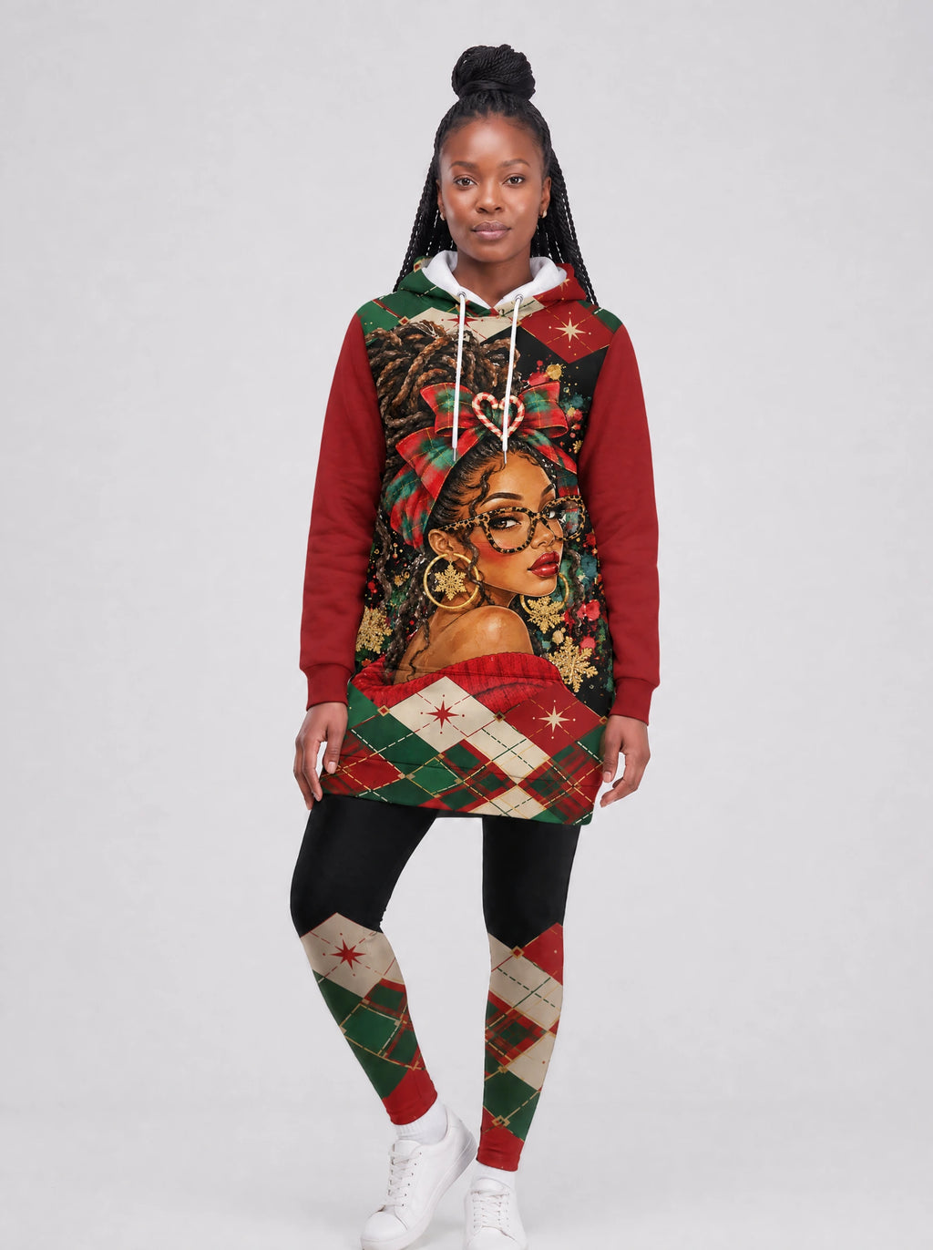 "Kipenzi" Christmas Hoodie Dress — front view on model, styled with the matching leggings