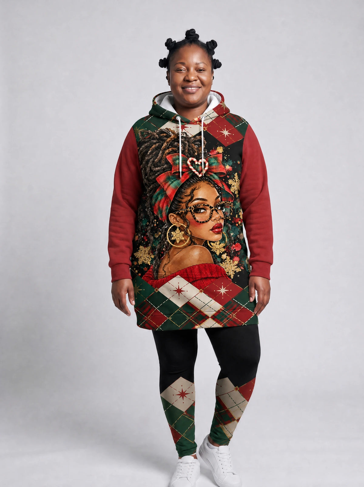 "Kipenzi" Christmas Hoodie Dress — front view on model, styled with the matching leggings