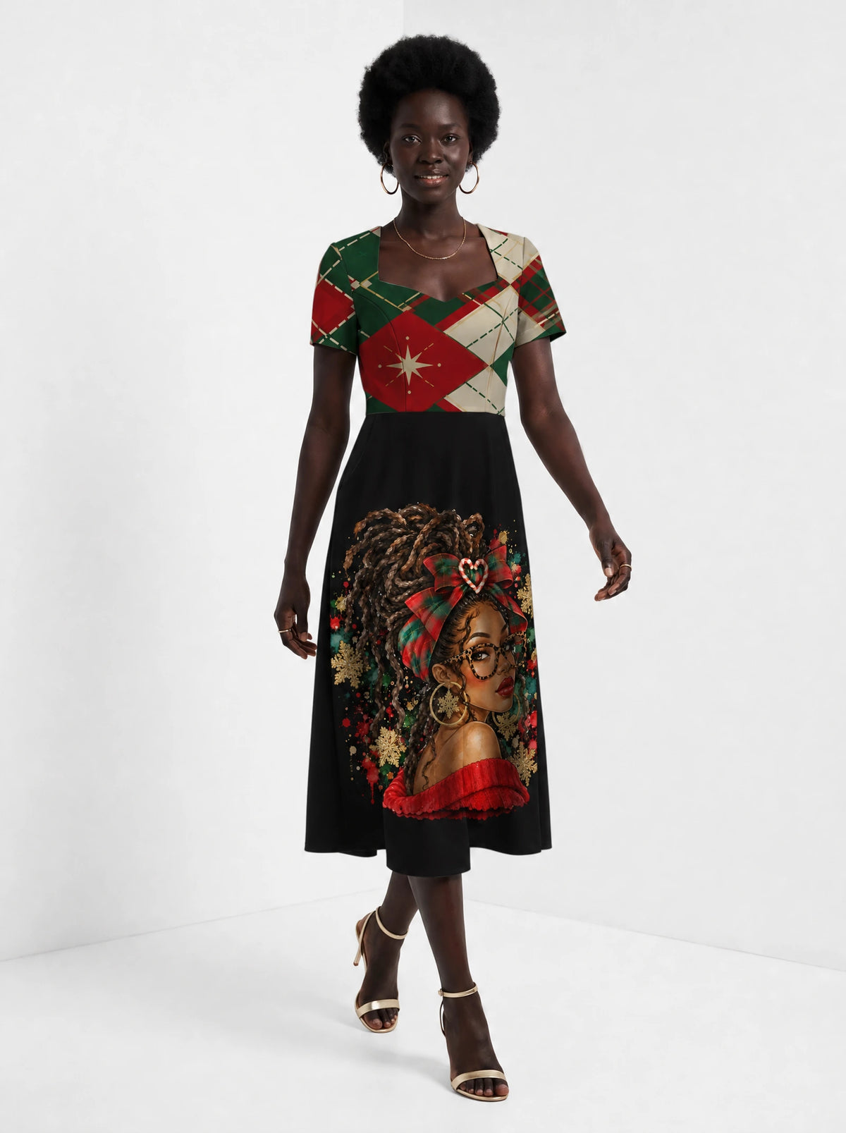 "Kipenzi" Christmas Sweetheart Midi Dress — front view on model