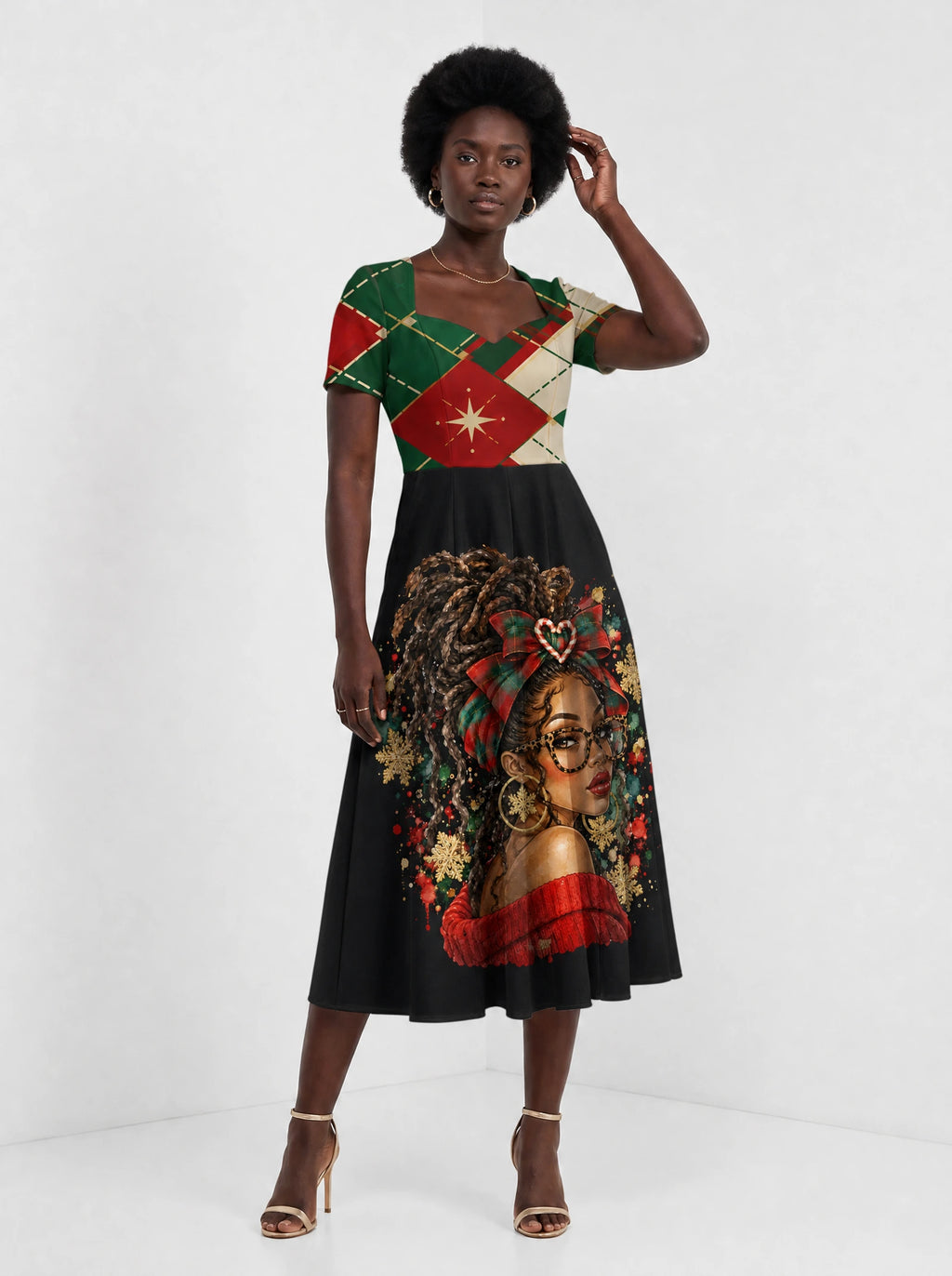 "Kipenzi" Christmas Sweetheart Midi Dress — styled on model
