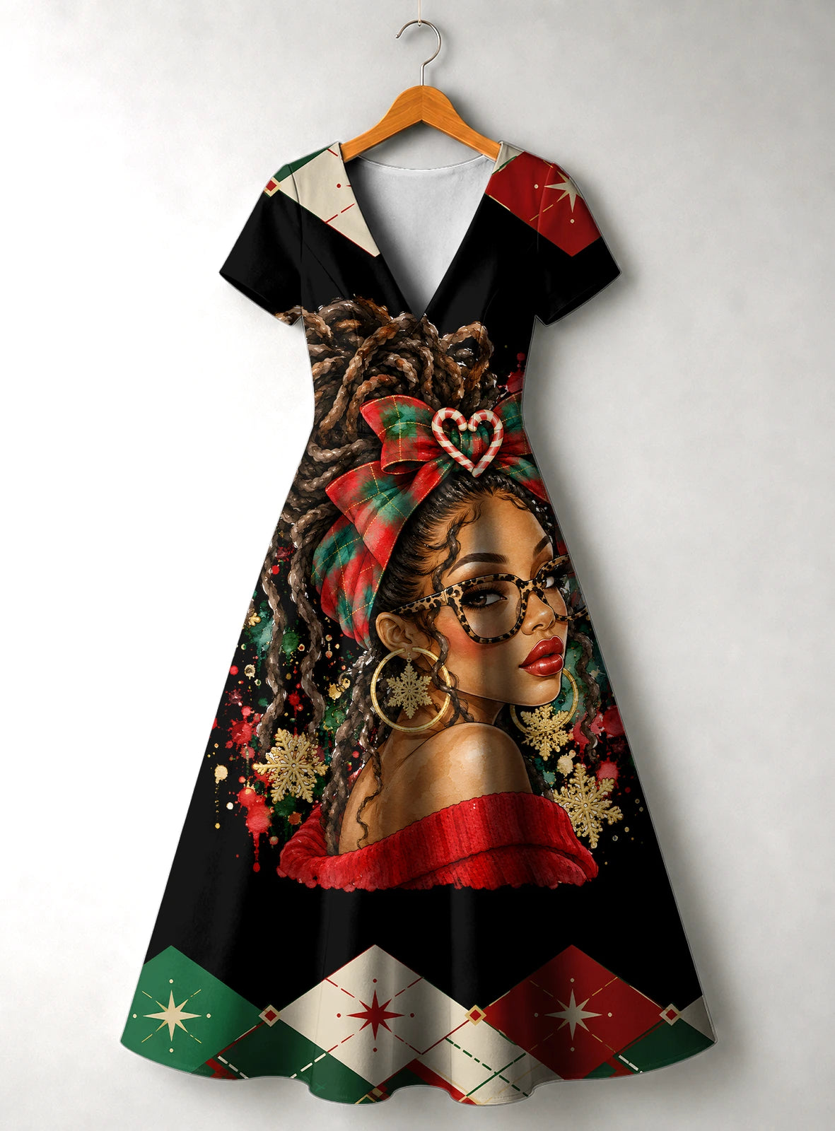 "Kipenzi" Christmas V Neck Midi Dress Promo