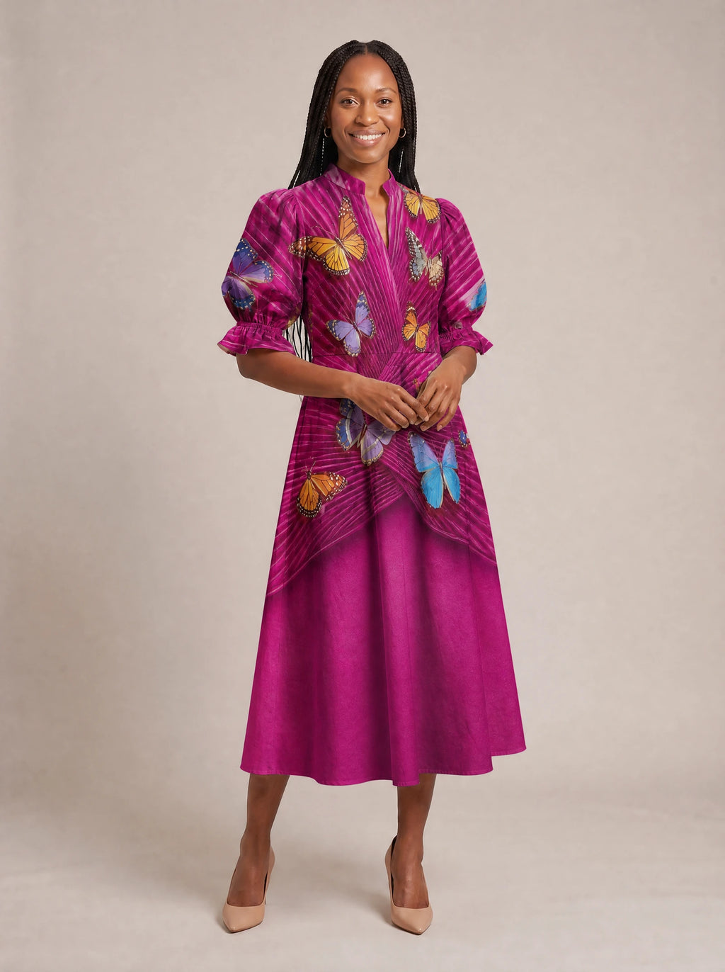 "Kipepeo" Puff Sleeve Dress — walking, three-quarter view on model
