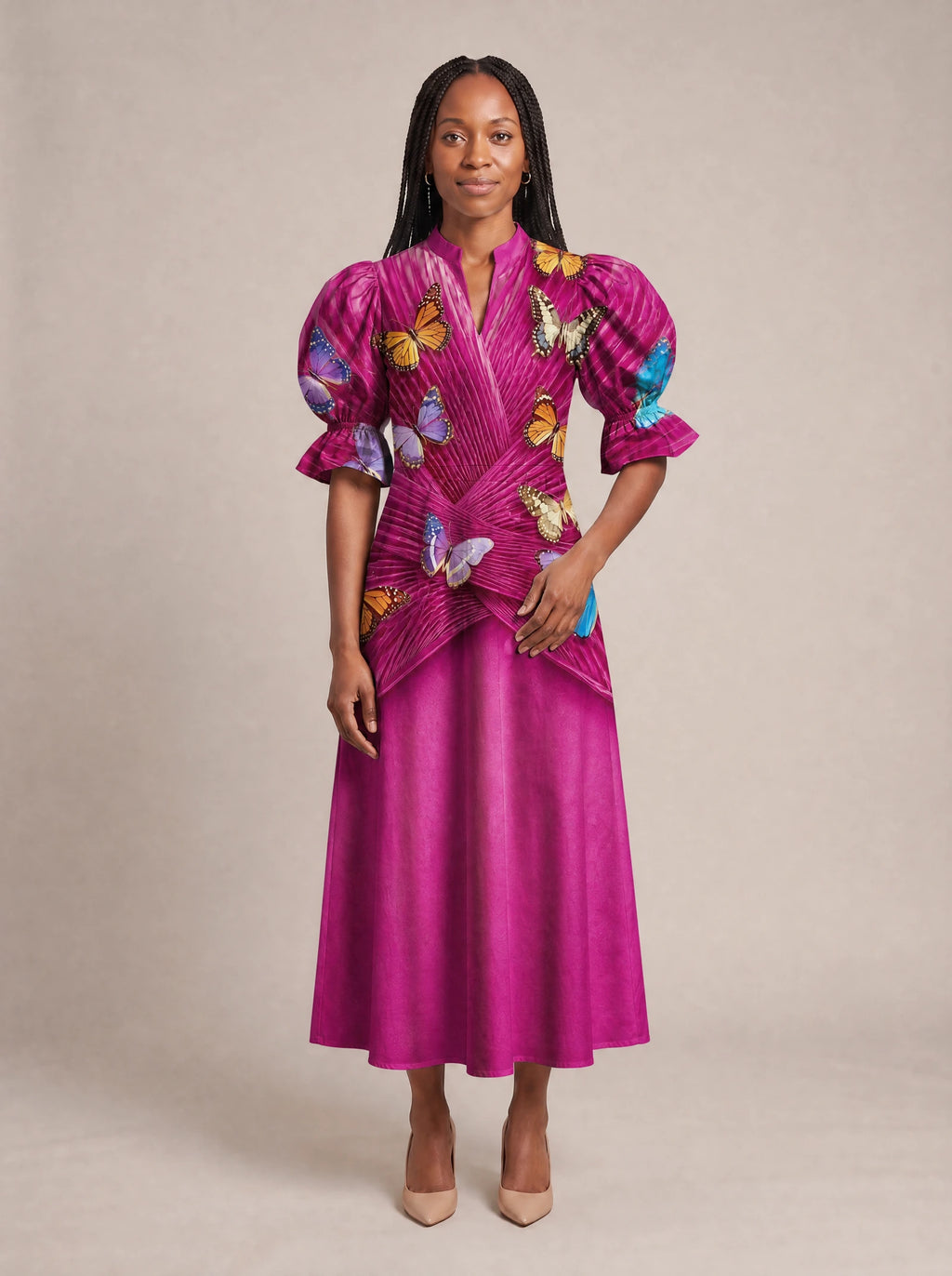"Kipepeo" Puff Sleeve Dress — standing, angled view on model