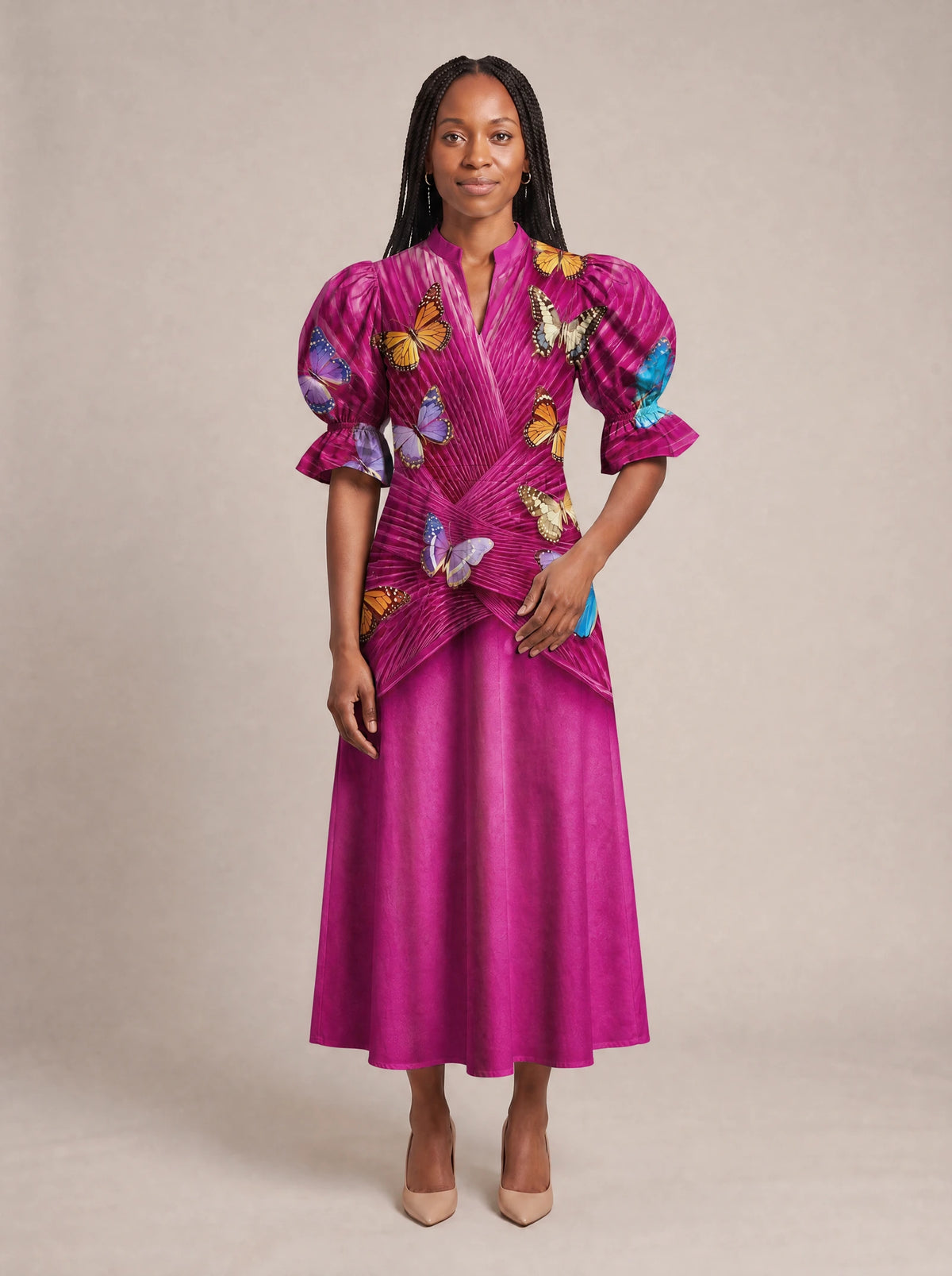 "Kipepeo" Puff Sleeve Dress — standing, angled view on model