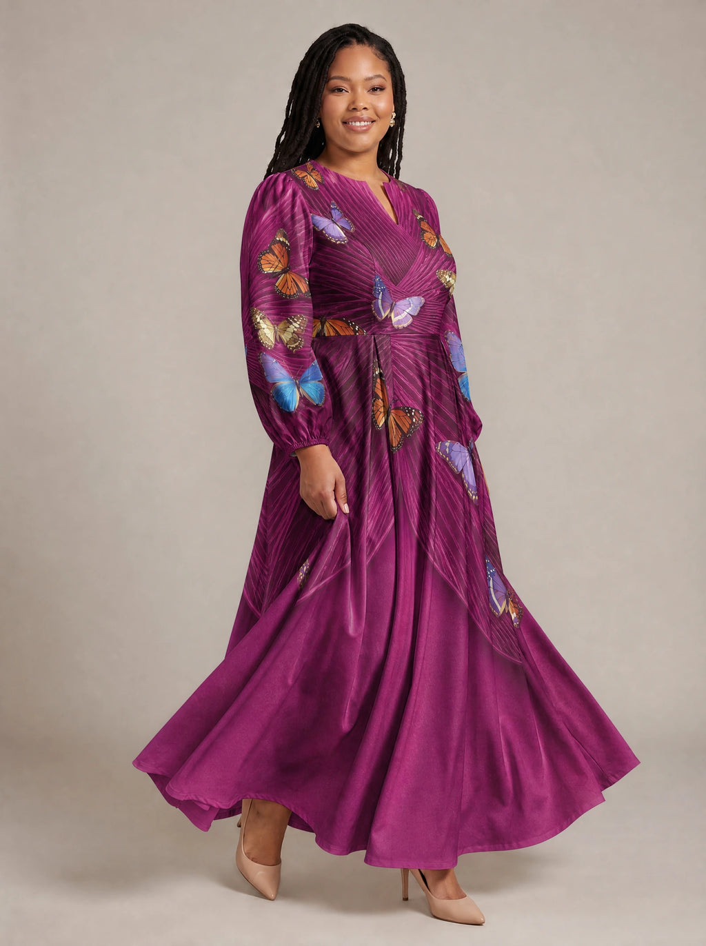 "Kipepeo" Puff Sleeve Maxi Dress — walking, three-quarter view on model