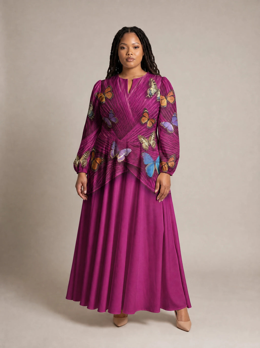 "Kipepeo" Puff Sleeve Maxi Dress — standing, angled view on model