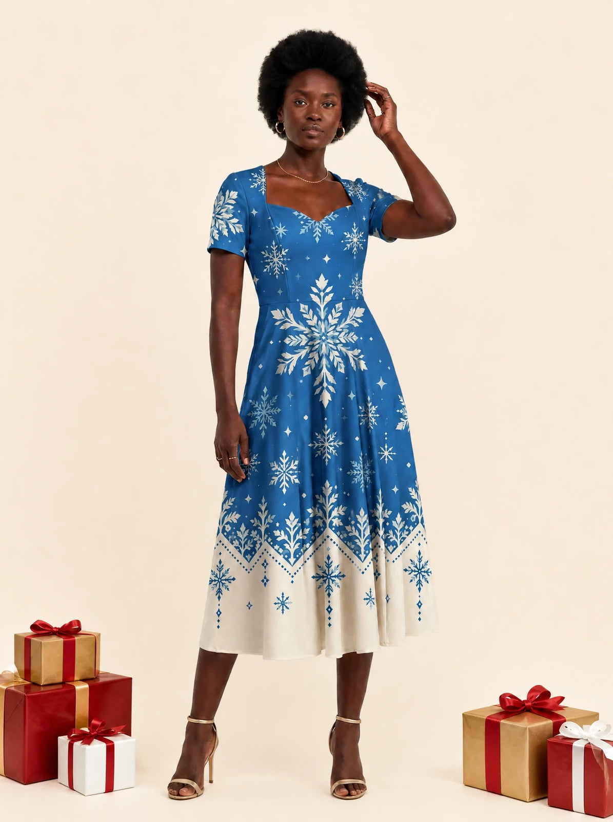 "Kipupwe" Sweetheart Midi Dress — on model, Christmas backdrop