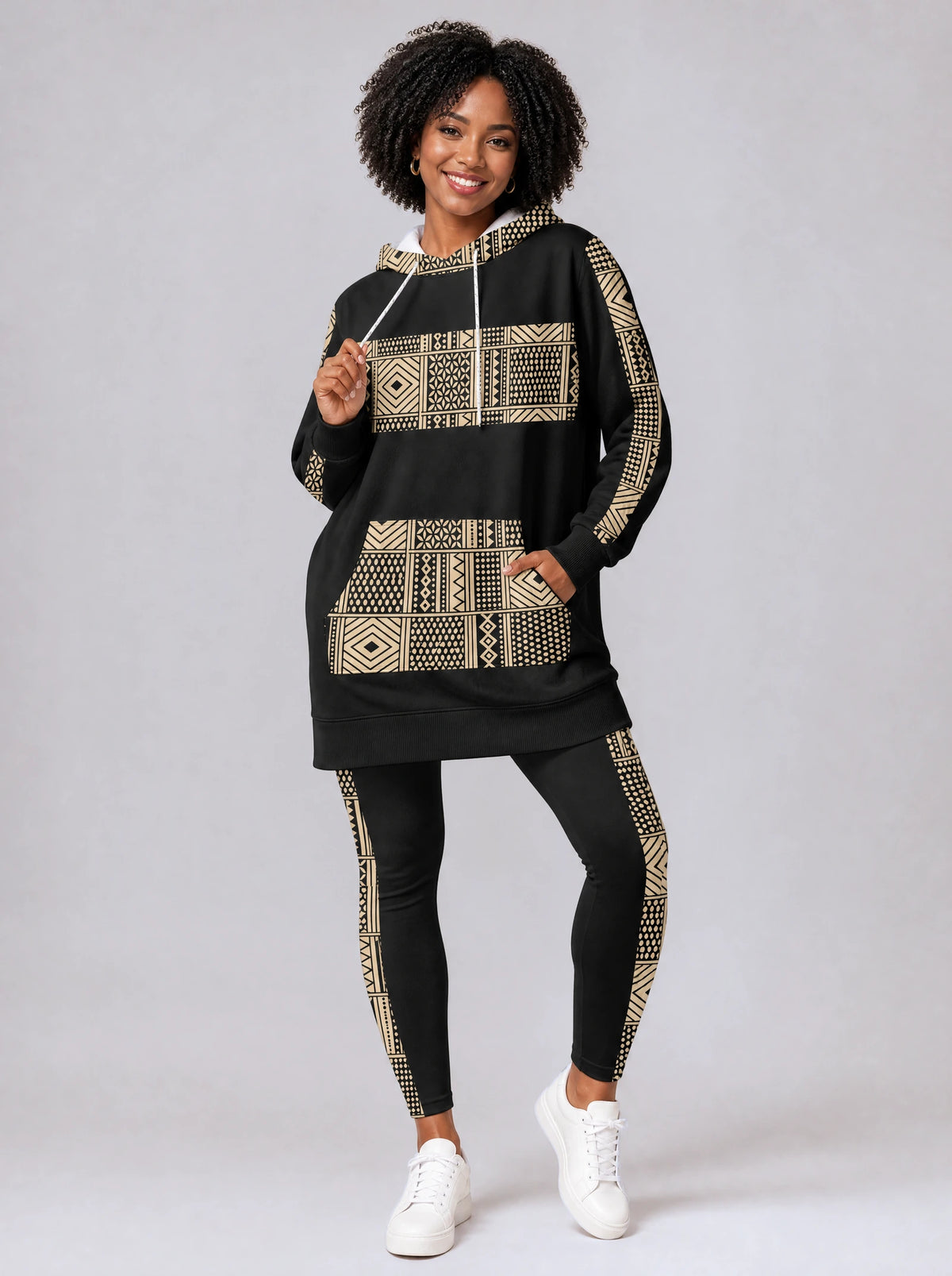 "Kiraka" Hoodie Dress — front view on model, styled with the matching leggings