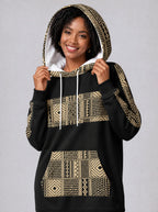 "Kiraka" Hoodie Dress — close-up on model, hood up, styled with the matching leggings