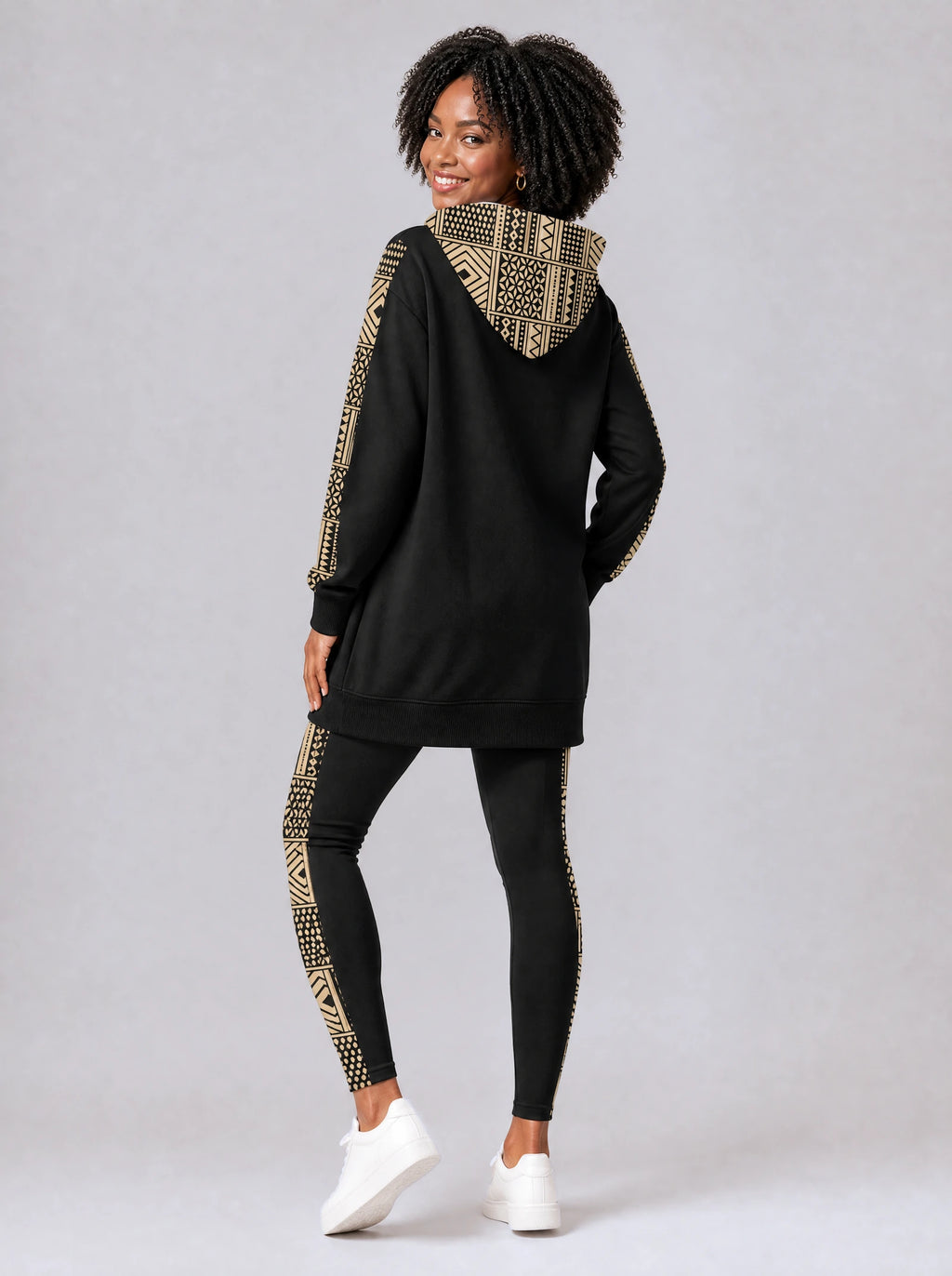 "Kiraka" Leggings — back view on model, styled with the matching hoodie dress