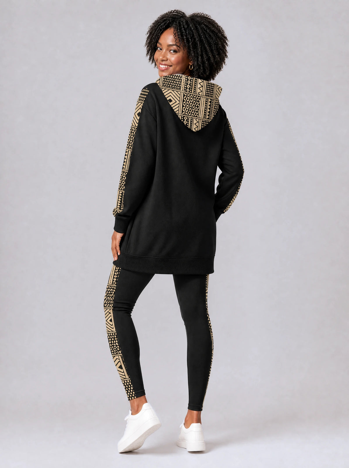 "Kiraka" Leggings — back view on model, styled with the matching hoodie dress