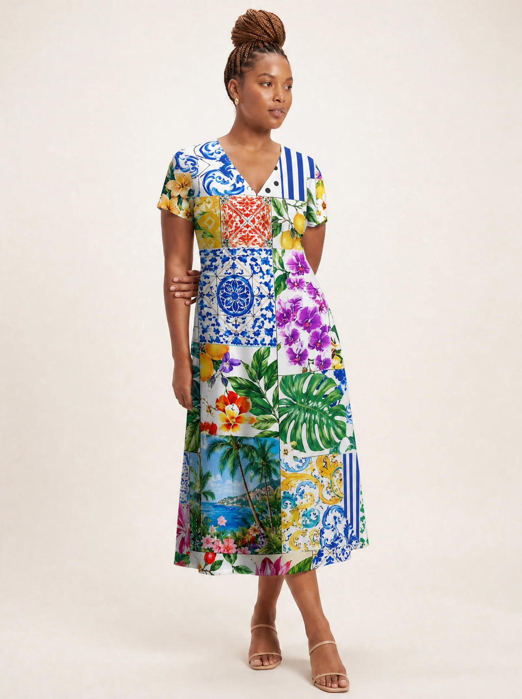"Kisiwa" V Neck Midi Dress — front