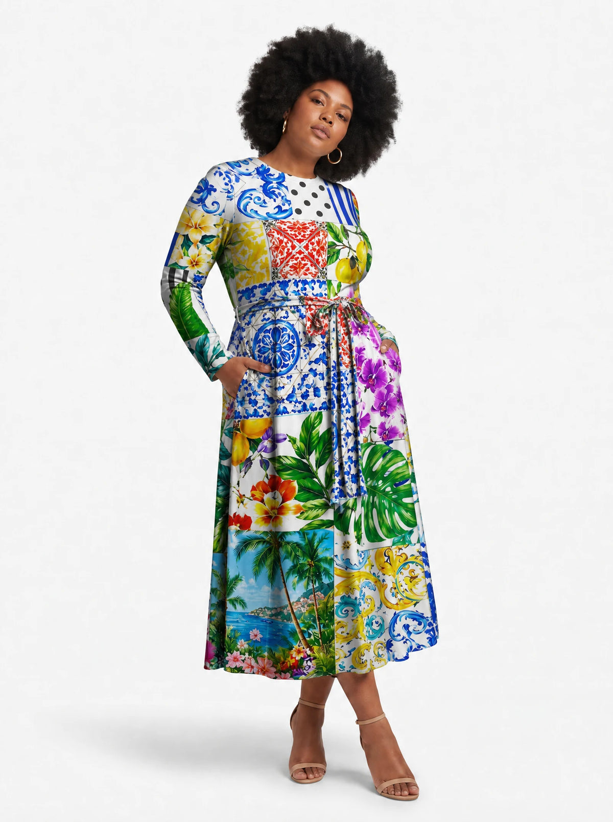 "Kisiwa" Long Sleeve Midaxi Dress — three-quarter view on model, hand in the side pocket