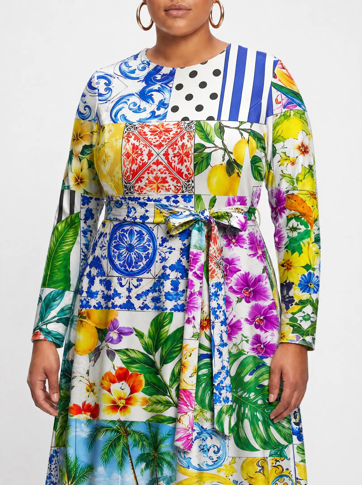 "Kisiwa" Long Sleeve Midaxi Dress — close-up of the tie sash and the in-seam side pocket