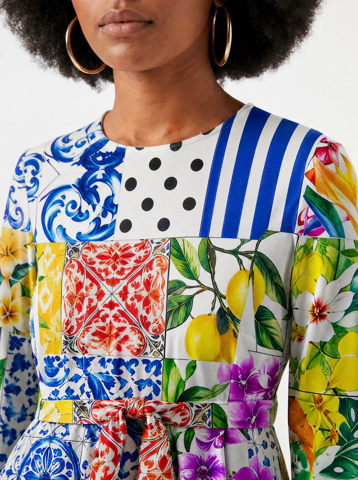 "Kisiwa" Long Sleeve Midaxi Dress — close-up of the round neckline and long sleeve